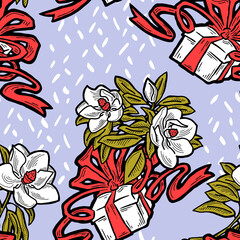 Gift box, ribbon and flowers seamless pattern for wrapping present with bow, party celebration, sale promotion, Textile print, fabric design, banner background. Hand drawn illustration cartoon style.