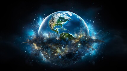 Fototapeta premium This artwork conveys our planet Earth in a unique, vibrant form, combining real geography with an abstract cosmic background