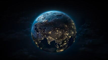 Fototapeta premium A clear depiction of Earth at night, set against a backdrop of stars, emphasizing the planet's intricate network of lights