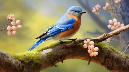 Obraz premium A mesmerizing bluebird perched on a mossy branch adorned with delicate pink flowers, invoking the beauty of nature