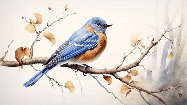 This artwork showcases a bluebird resting on a leafless branch, contrasting the life of the bird with the dormancy of autumn