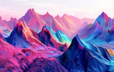 Panoramic digital landscape showcasing abstract mountain shapes with sharp ridges in a spectrum of pink and blue hues.