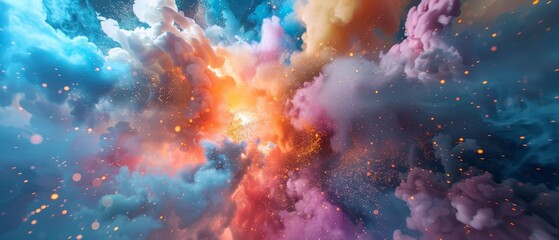 A panoramic space scene with a sunset-like gradient and sparkling cosmic particles.
