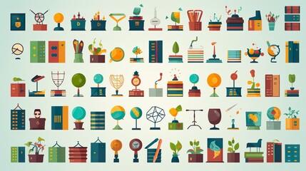 Collection of detailed flat icons grouped in themed sets, representing different activities and objects