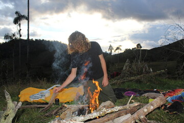 Building a fire on a mountain