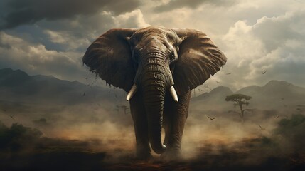 A powerful African elephant charges with great energy, stirring up dust as it moves through the savanna, symbolizing determination and freedom