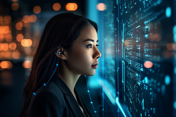 Obraz premium Focused Woman Analyzing Digital Data Display. Portrait of Asian Female Working on Computer, Line of Code Projected on Her Face. Generative AI