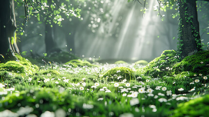 Fototapeta premium Spring Awakening in the Forest, Where Sunlight and Fresh Blooms Herald New Beginnings