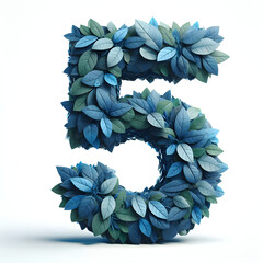 the number 5 is made out of blue Leaves, Isolated on a white background, leaves numbers concept, Creative Alphabet, numbers, Natural Blue
