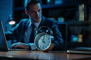 a man in a suit sitting at a desk with a laptop and an alarm clock