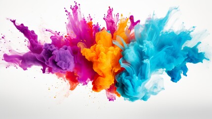 A dynamic image featuring an isolated explosion of color powder in hues of purple, orange, and blue, capturing the essence of movement and energy