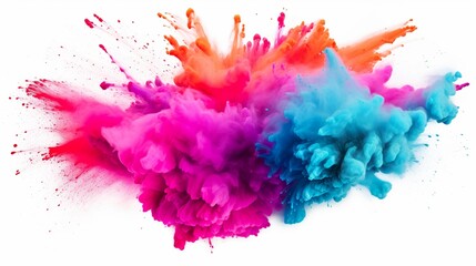 Fototapeta premium A breathtaking display of a multicolored powder explosion, showcasing a vivid mix of pink, blue, and orange against a stark white background