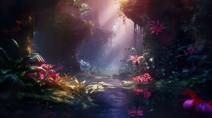 This image creates a magical mood with its deep, rich jungle pathway illuminated by otherworldly lights, and mysterious aura