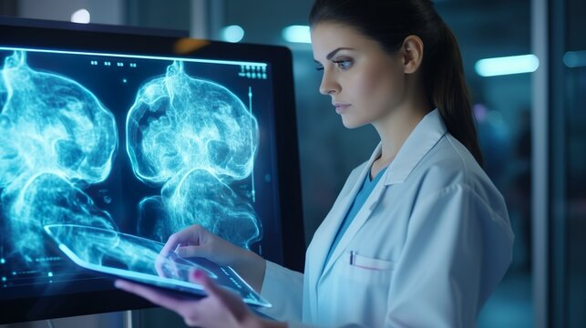 In a high-tech environment, a focused female medical professional examines brain imaging scans on a digital screen, highlighting diagnosis