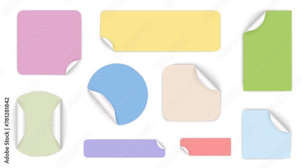 Poster set of round adhesive stickers with folded edges. yellow paper sticker of different shapes with curl