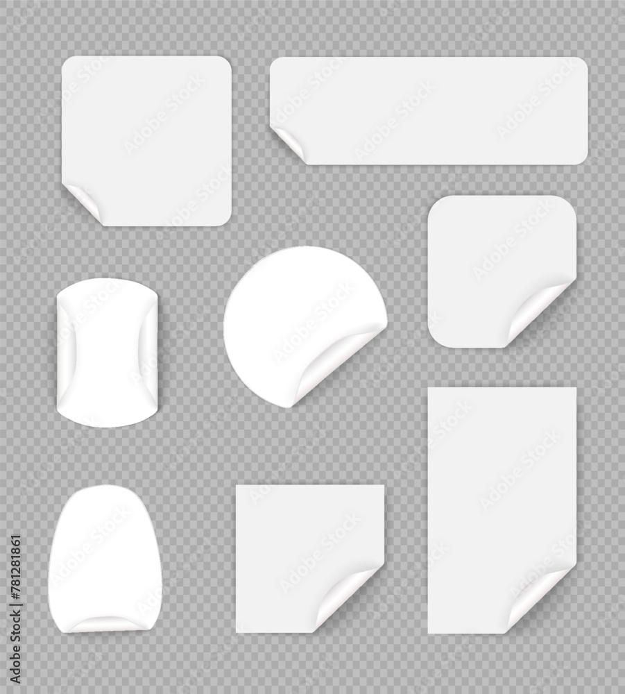 Poster set of round adhesive stickers with folded edges. yellow paper sticker of different shapes with curl
