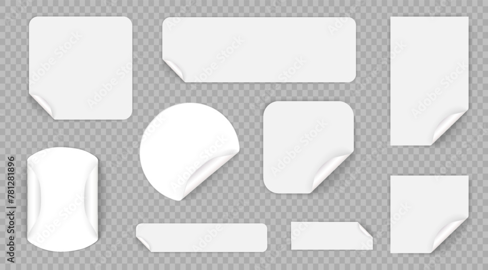 Poster set of round adhesive stickers with folded edges. yellow paper sticker of different shapes with curl