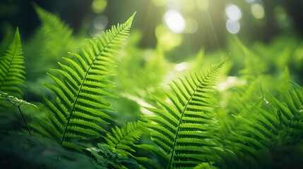 Sunlight filters through the forest canopy, casting dappled light upon lush green ferns, evoking a sense of growth and vitality