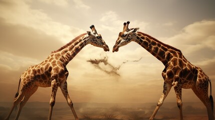 Majestic giraffes locked in a face-off with a dusty background, set against the captivating backdrop of a golden desert sunset