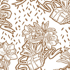 Gift box, ribbon and flowers seamless pattern for wrapping present with bow, party celebration, sale promotion, Textile print, fabric design, banner background. Hand drawn illustration cartoon style.
