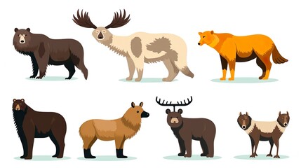 A vibrant set of illustrations depicting various North American wildlife in a stylized form