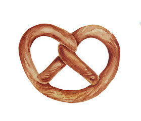 Watercolor baked crusty pretzel. Classic beer snack illustration. Homemade soft bavarian pretzel.