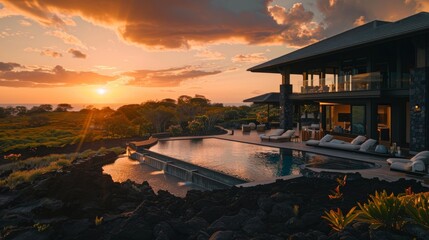 photo of a luxury home in kailua kona, hawaii; dramatic lighting, sunflare, cinematic - obrazy, fototapety, plakaty