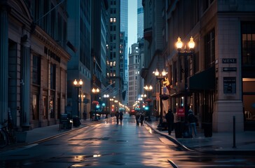 AI generated illustration of pedestrians walking on an empty city street at dusk - obrazy, fototapety, plakaty