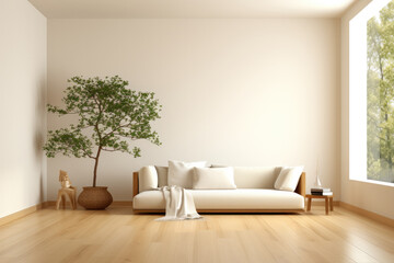 Modern minimalistic white sofa in spacious room with large window