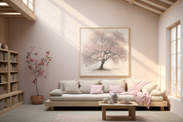 A beautifully designed living room featuring soft pastel tones and modern furniture, creating an elegant and serene atmosphere, with spacious and well-lit interior.