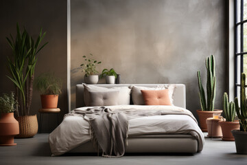 A cozy and spacious bedroom with a comfortable double bed, adorned with calming gray tones, and surrounded by lush green houseplants, creating a peaceful atmosphere.