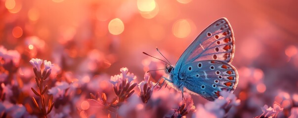 Beautiful blue butterfly on heather flowers in the field, lavender and pink pastel colors, created by ai
