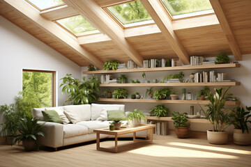 Fototapeta na wymiar Cozy and inviting living room interior with abundant natural light streaming through floor-to-ceiling windows, adorned with greenery and houseplant decor.