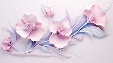 This digital masterpiece showcases a bouquet of soft pink 3D flowers entwined with elegant white swirls