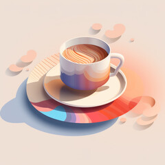 Minimalist Coffee Cup with Pastel Swirls and Geometric Shapes on Soft Background - 781282613