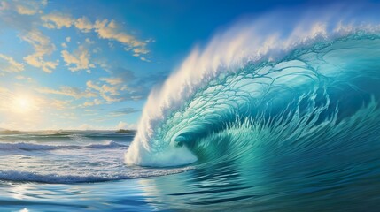A visually stunning depiction of a giant ocean wave, with its cresting foam and immense energy clearly visible