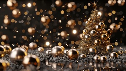 3D rendering of a luxury Christmas tree with geometric balls. Christmas background.