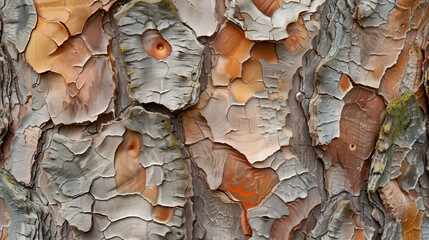 The bark of a tree is peeling off, revealing the wood underneath
