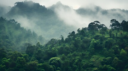Dense green forest canopy stretches across the image with a backdrop of fog-enveloped mountains in the distance