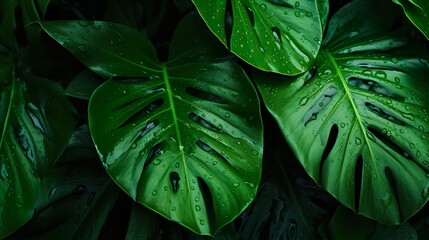 Water droplets are meticulously captured on the glossy surface of the dark green monstera leaves