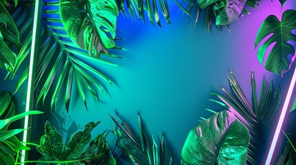 Fototapeta na wymiar A vibrant display of neon lights in shades of green and blue intertwined with lush tropical foliage