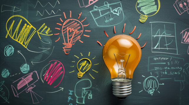 Light bulb is drawn on a chalkboard with other drawings of light bulbs. Concept of idea innovation and creativity in business.