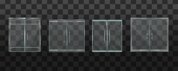 Glass door office or shopping center isolated on transparent background. Double glass doors to the mall or office. For shop, store, shopping center, boutique, office building. Vector illustration.