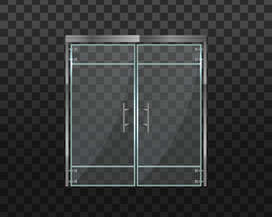 Glass door office or shopping center isolated on transparent background. Double glass doors to the mall or office. For shop, store, shopping center, boutique, office building. Vector illustration.