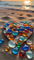  Colorful glass marbles stones gleam on a pristine beach bathed in soft morning light. Perfect for beach themes, summer vibes, coastal photography, and nostalgic childhood memories. Generative AI art.