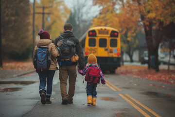 Obraz premium Parents dropping their children off at school. Love, support, and sense of responsibility shared between parent and child. 