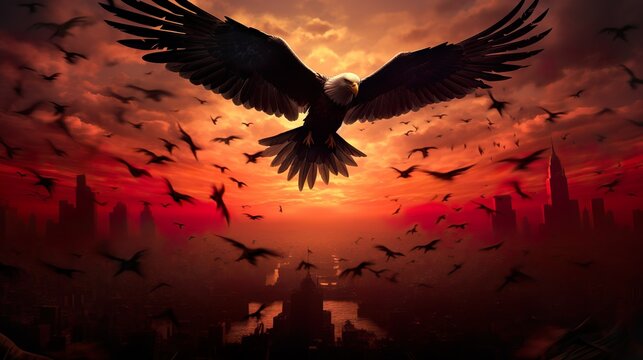 An eagle soars dominantly over a cityscape engulfed in a fiery sunset, evoking power and freedom