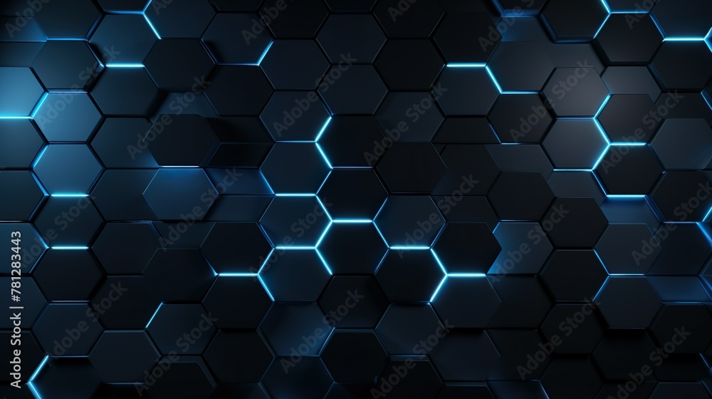 Canvas Prints a sleek, modern honeycomb pattern with glowing blue neon lines on a dark background signaling techno