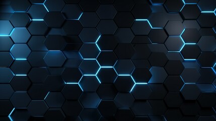A sleek, modern honeycomb pattern with glowing blue neon lines on a dark background signaling technology and connectivity