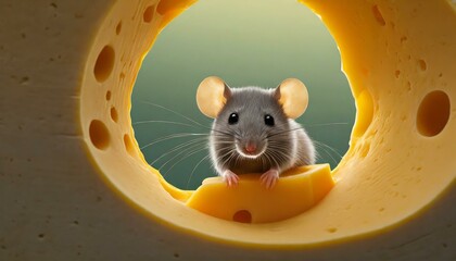 Funny mouse peeking out of a cheese hole